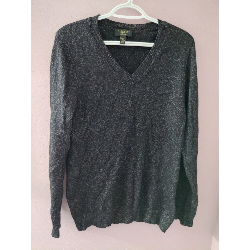 Charter Club Luxury Women's V-Neck Sweater Sparkling Black Size Large Cash Blend